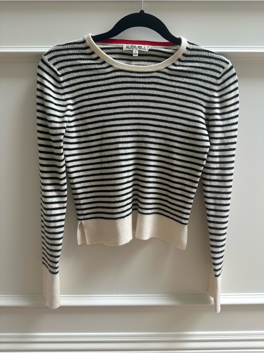 Alex Mill Black & Cream Striped Ribbed Crew Sweater - Picture 1 of 3